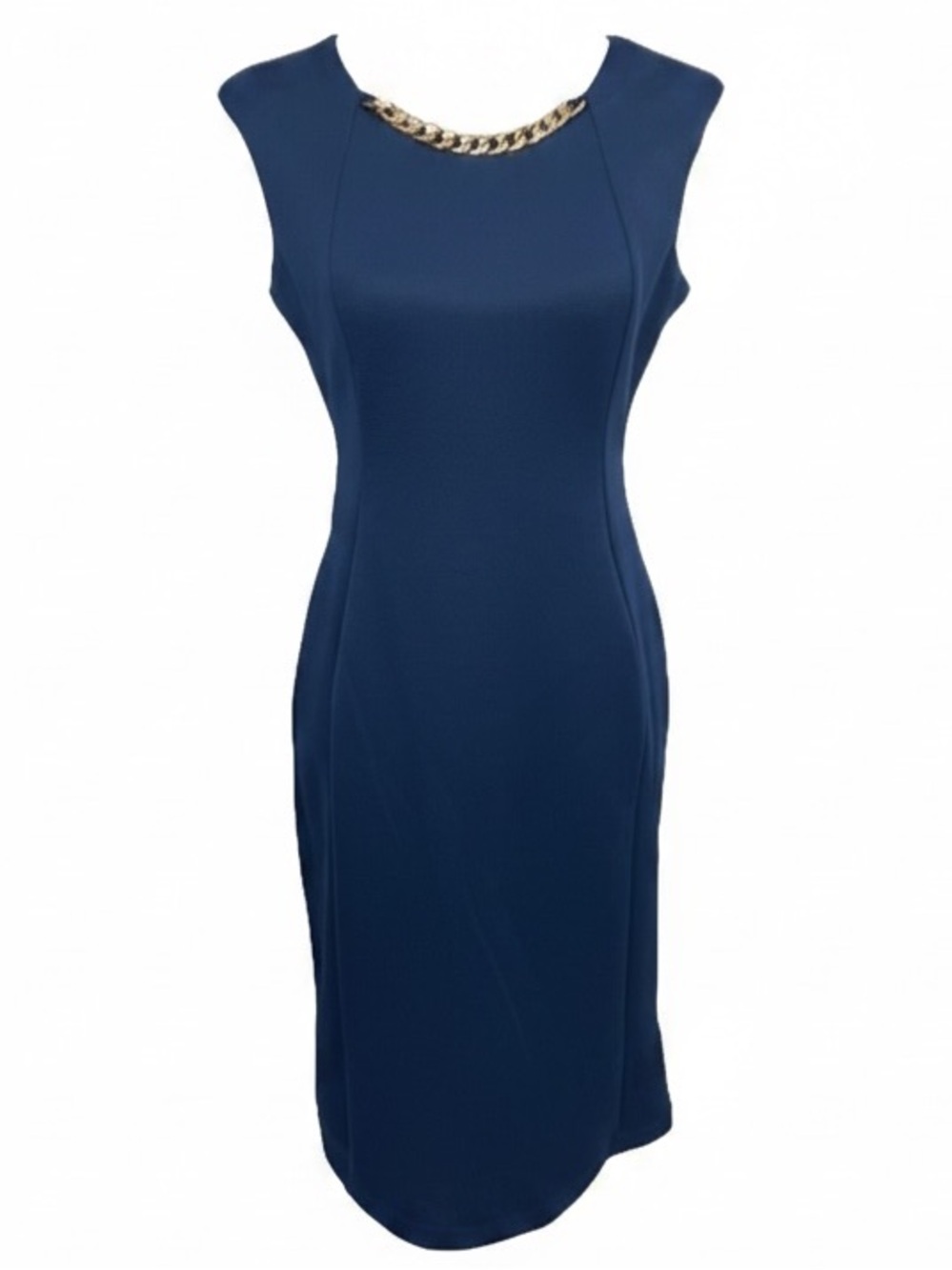 Shelby & Palmer Navy Blue Sheath Dress Gold Chain Neckline Stretch Size 8